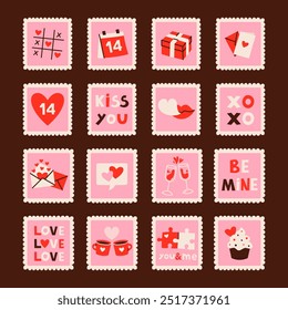 Set of romantic colorful stamps, for valentine's day, vector illustrations isolated on a dark background