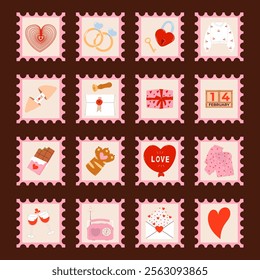 Set of romantic colorful Valentine's Day postage stamps. Cute elements for journal stickers, scrapbooking and greeting cards. Vector illustration on dark background