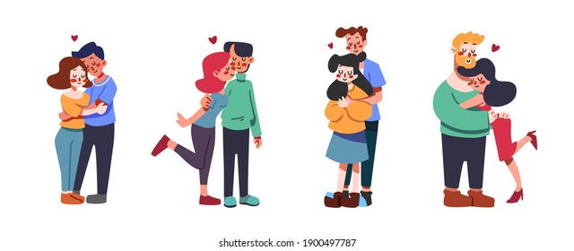 Set of romantic couple being together.Flat cartoon characters isolated on white background.