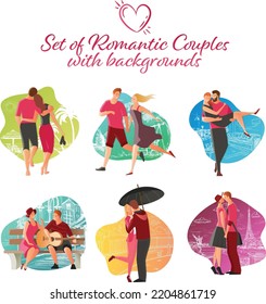 Set of romantic couple with colorful backgrounds