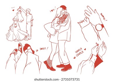 Set of Romantic Couple Line Art Doodles - Minimalist Hand-Drawn Wedding and Engagement Illustrations