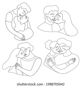 Set of Romantic couple in love kissing. World Kiss Day. Vector illustration. Valentine card with cute young people characters. line art