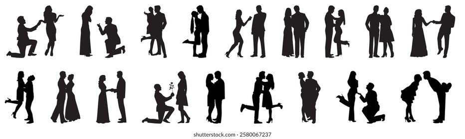 set of romantic couple silhouette dancing, kissing, proposing, making love and hugging.  