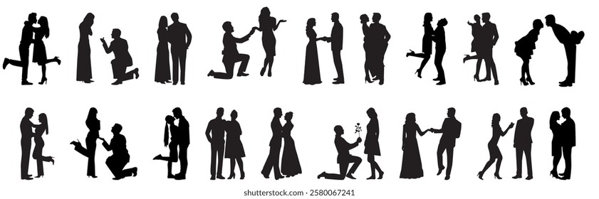 set of romantic couple silhouette dancing, kissing, proposing, making love and hugging.  