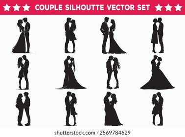 Set of romantic couple silhouettes in various poses, including weddings and intimate moments, ideal for Valentine's designs, invitations, or decorative projects.