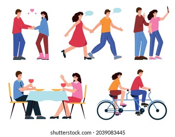 Set of romantic couple spend time or relax together. Young man and woman holding hands, walking, cuddling, taking selfie, cycling, drinking wine. Colorful vector flat illustration.