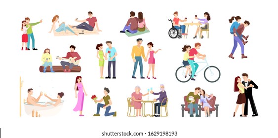 Set of romantic couple spending time or relaxing together - having picnic, cicling, dancing, see movie, drinking coffee or wine, playing guitar, walking. Flat Art Vector Illustration