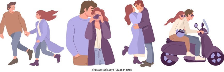 A set of romantic couples, isolated on white background. Men and women hugging, kissing, riding a bike and spending time together. Males and females in love.