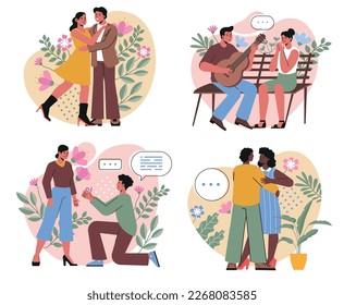 Set of romantic couples. Men and women in love on date dance, hug, play guitar and make marriage proposal. Positive emotions and feelings. Cartoon flat vector collection isolated on white background