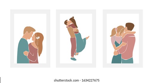 Set of romantic couples, pairs of men and women on date, hugs and kisses. Abstract silhouette style characters isolated on white background. Minimalist vector illustration.
