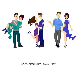 set of romantic couples. Walking man and woman, Girl and boy hugging, love story, romantic set boy holing girl with hands, romantic couples, love young girls and boys, romantic walks blue purple green