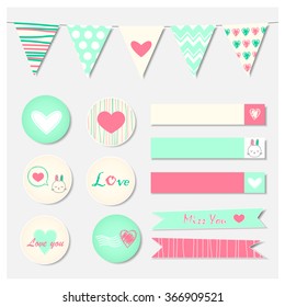 Set of Romantic and Cute Vector Cards, Notes, Stickers, Labels