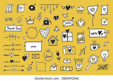 Set of romantic cute vector icon in doodle design. Lettering, Headers, lines, frames, hearts, flower, gift and other. Valentine's day characters and illustrations.