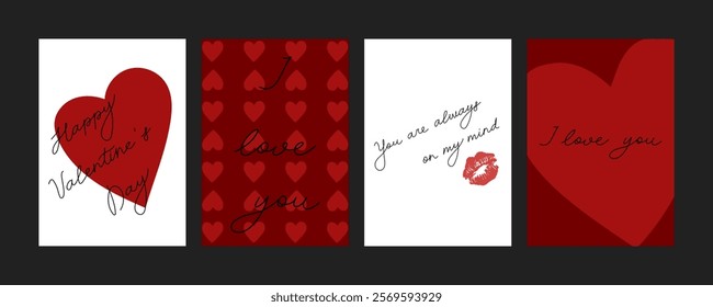 Set of romantic Valentine’s Day cards. Love messages. Handwritten fonts and minimalist heart designs.