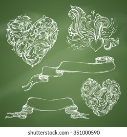 Set of romantic design elements on chalkboard background. Vintage hearts, arrows and ribbons. Hand-drawn Valentine's sketch.