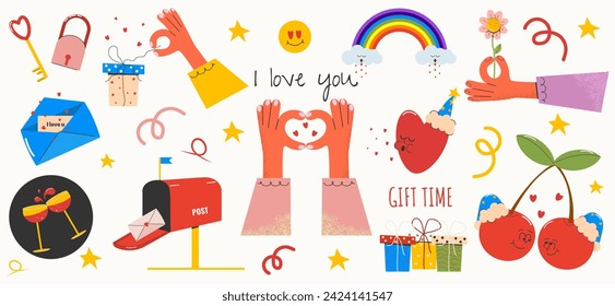 A set of romantic design elements for Valentine's day.Letter, hearts, wine glasses, gift boxes, mailbox, rainbow, cherries in love, flower, key, lock.Vector illustration. eps10