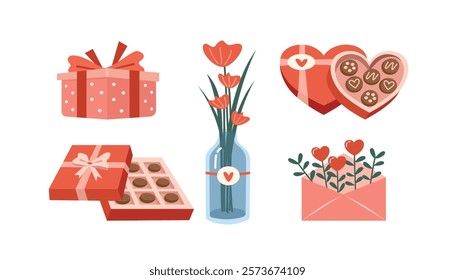 Set of romantic design. Set of valentine gift. Set of mother day gift. Birthday present. Chocolate box. Cardboard. Gift box. Flower vase. Love letter.