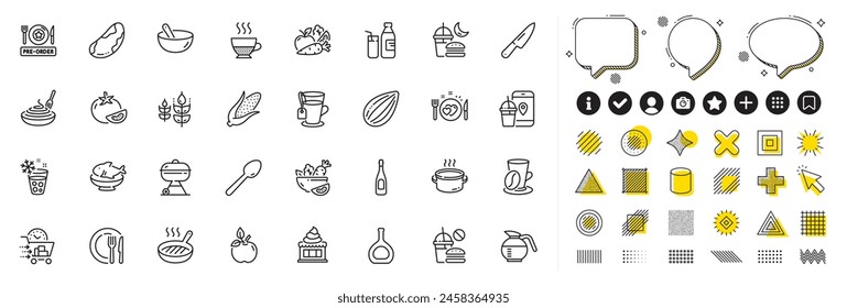 Set of Romantic dinner, Coffee cup and Spoon line icons for web app. Design elements, Social media icons. Saucepan, Seafood, Doppio icons. Ice cream, Gluten free, Brazil nut signs. Vector