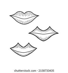 Set of romantic doodle lips on white background for beauty design and postcard decoration. Isolated objects. 