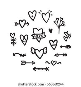 Set of romantic doodles. Hearts, arrows etc. Vector hand drawn illustration