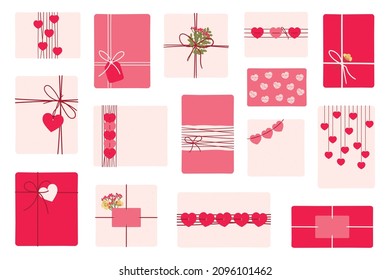 Set of romantic eco-friendly packaging gifts for Valentine's day. Wrapping present boxes with kraft paper, hearts, flowers, jute for stickers, greeting cards, planners. Hand drawn vector illustration