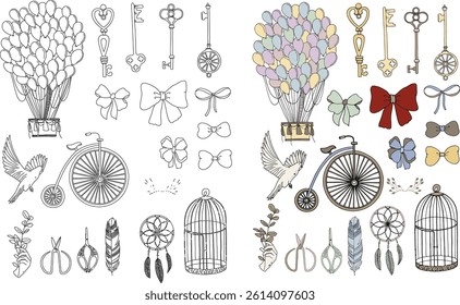 set of romantic element bundle line art and coloring style vector illustration  