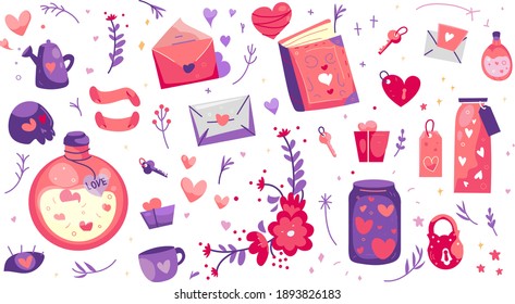 Set romantic element for happy valentine's day.Illustration with magic symbol for love invitation. Poster design. Vector illustration.