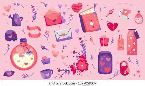 Set romantic element for happy valentine's day.Illustration with magic symbol for love invitation. Poster design. 