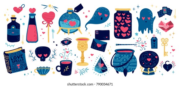 Set romantic element for happy valentine's day. Illustration with magic symbol for love invitation, card and print on t-shirt. Design cute wizard skull, love drink and battle potion with heart. Set romantic element for happy valentine's day. Illustration with magic symbol for love invitation, card and print on t-shirt. Design cute wizard skull, love drink and battle potion with heart.
