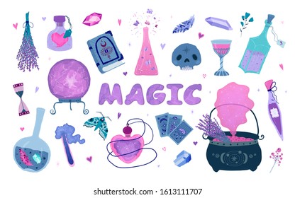 Set romantic element for valentine's day isolated on white background. Illustration with magic symbol for love invitation. Design cute wizard skull, love drink and battle potion with heart. Vector