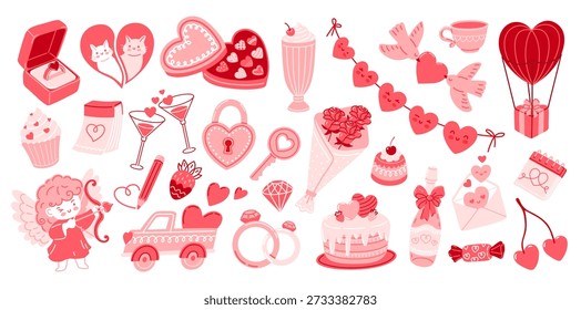 Set of romantic elements. Celebration love stickers collection. Wedding decorations. Cupid, angel, cake, heart-shaped box, rings and flowers. Vector illustration.