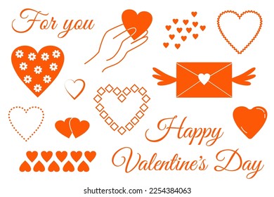 Set of romantic elements and different hearts . Envelope with wings, hand holds heart. Icons of symbol of love. Vector illustration for Valentine's Day. Text design.