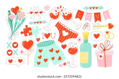 Set of romantic elements, hearts, symbols of love, gifts, flowers. Cartoon stickers for St. Valentine's Day on February 14. Isolated vector illustrations. Editable stroke.