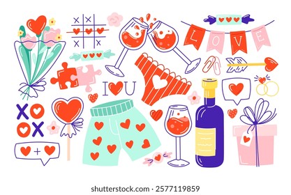 Set of romantic elements, hearts, symbols of love, gifts, flowers Hand drawn illustration. Cartoon stickers for St. Valentine's Day on February 14. Isolated vector illustrations. Editable stroke.