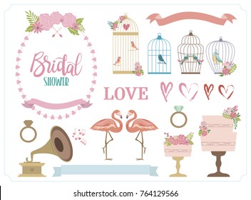 Set of romantic elements for invitation or greeting card. Vector illustration