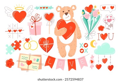 Set of romantic elements, love envelope, hearts, symbols of love, gifts, flowers. Cartoon stickers for St. Valentine's Day on February 14. Isolated vector illustrations. Editable stroke.