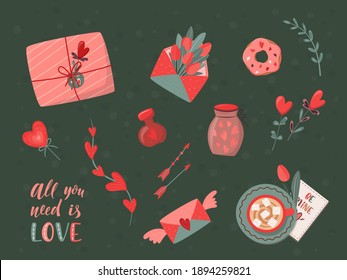 Set of romantic elements. Valentine's day, birthday or wedding concept. Love, Romantic vector illustration in flat cartoon style. For card, flyer, banner, invitation, gift certificate