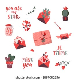 Set of romantic elements. Valentine's day, birthday or wedding concept. Love, Romantic vector illustration in flat cartoon style. For card, flyer, banner, invitation, gift certificate