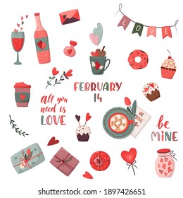 Set of romantic elements. Valentine's day, birthday or wedding concept. Love, Romantic vector illustration in flat cartoon style. For card, flyer, banner, invitation, gift certificate