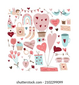 Set romantic elements Valentine's day. rainbow, heart and flowers. Vector
