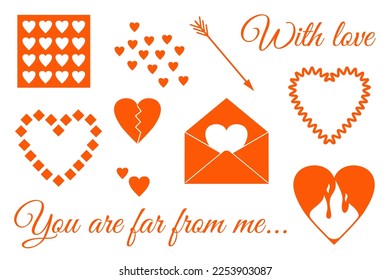Set of romantic elements for Valentine's Day. Envelope with heart, arrow, fire. Icons of symbol of love. Vector illustration of different hearts. Text design.