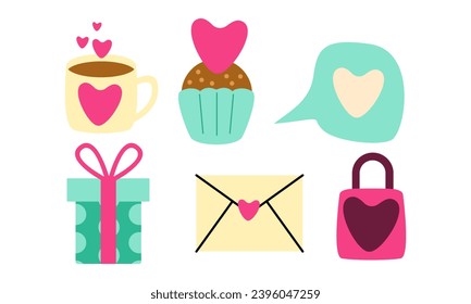 set of romantic elements for Valentines day. Vector illustrations for valentines day, stickers, greeting cards