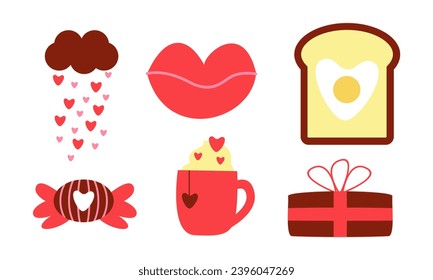 conjunto de elementos románticos para el día de San Valentín. Ilustraciones vectoriales para el día de San Valentín, pegatinas, tarjetas de felicitación