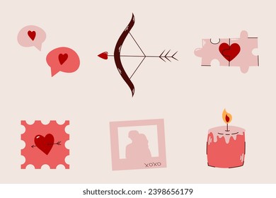 Conjunto de elementos románticos para el Día de San Valentín. Objetos amorosos. Pegatinas retro