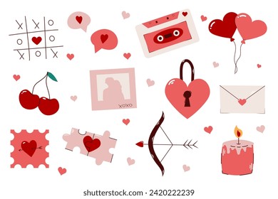 Set of romantic elements for Valentine's Day. Cute love objects. Retro stickers