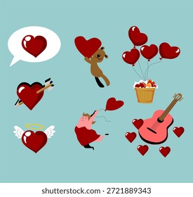 Conjunto de Elementos románticos para el día de San Valentín, Ilustración vectorial en estilo de dibujos animados para vacaciones, diseño o decoración el 14 de febrero