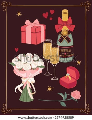 Set of romantic elements for Valentine's Day and wedding. Gifts, champagne, glasses, bouquet of roses, rings in a case, rose flower in an openwork frame. Vector flat illustration
