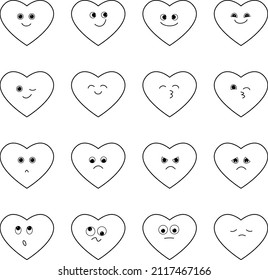 A set of romantic emotional hearts with faces for Valentine's Day. A set of vector icons . Funny cartoon love icons. Black and white

