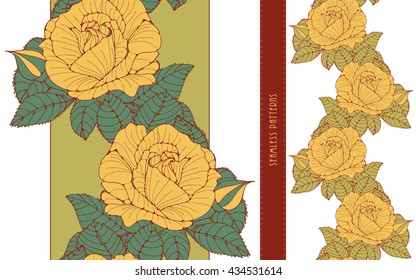 a set of romantic English style floral wallpaper bands seamless tiles with roses in honey yellow, green, and red