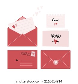 Set of romantic envelopes and notes for Valetine's Day.